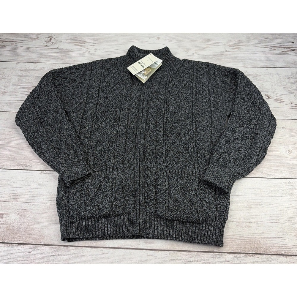 New Aran Crafts Men's S Cardigan Sweater Gray Merino Wool Full Zip Cable Knit
